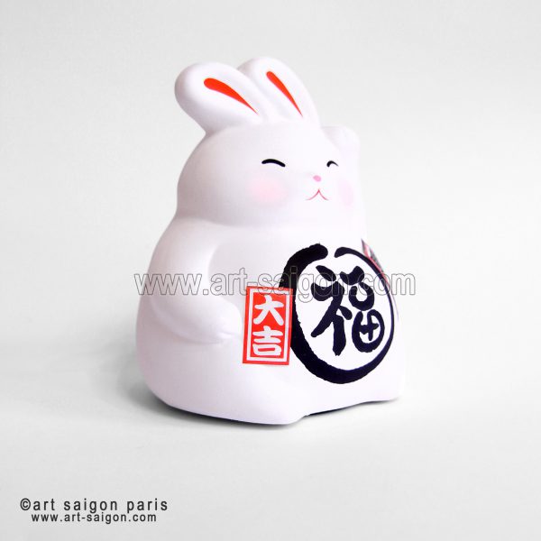 Lapin Blanc en Argile, Tirelire, Fabriqué au Japon. Porte-Bonheur Japonais, Lucky Cat | Décoration et Artisanat Asiatique - Article vendu par la Boutique Art-Saigon.com
