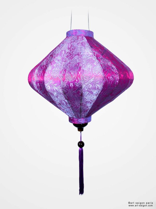 Lampion Traditionnel en Soie Mauve de la ville de Hoi An au Vietnam, Lanterne Asiatique en Tissu, Bambou et Bois |Décoration et Artisanat Asiatique - Article vendu par la Boutique Art-saigon.com