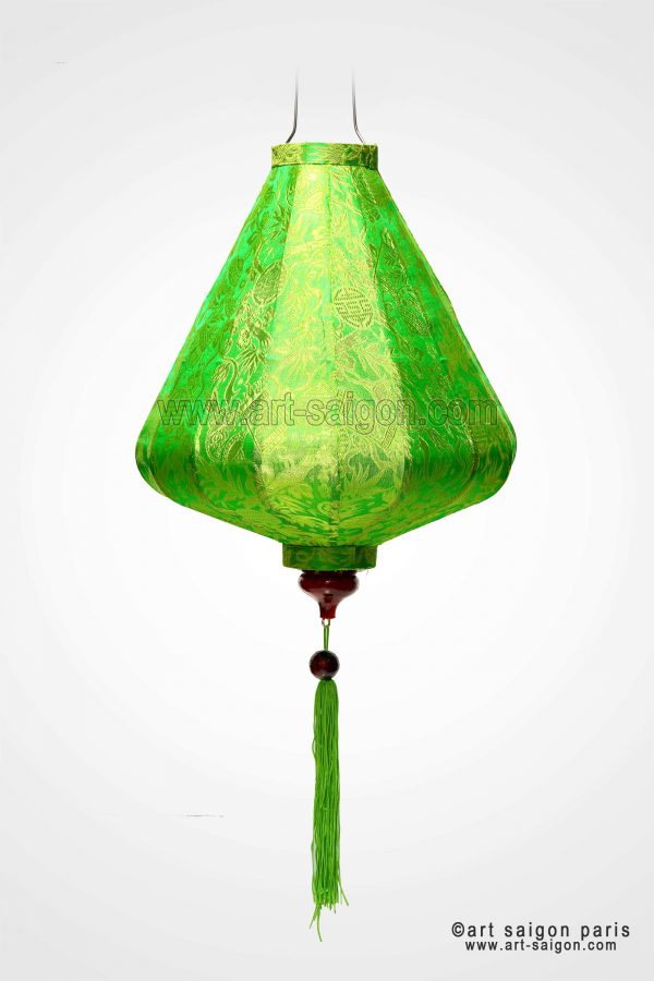 Lampion Traditionnel en Soie Vert de la ville de Hoi An au Vietnam, Lanterne Asiatique en Tissu, Bambou et Bois |Décoration et Artisanat d'Asie - Article vendu par la Boutique Art-saigon.com