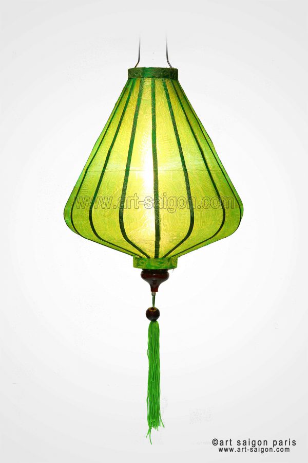Lampion Traditionnel en Soie Vert de la ville de Hoi An au Vietnam, Lanterne Asiatique en Tissu, Bambou et Bois |Décoration et Artisanat d'Asie - Article vendu par la Boutique Art-saigon.com