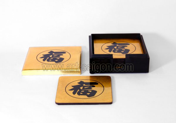 Boite de 6 Sous-Verres en Bois Laqué - Couleur Dorée - Symbole du Bonheur (Réf. D098) – Image 3