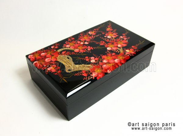 Boite à Bijoux en Bois Laqué Peint - Fleurs de Cerisier (L20cm)(réf. S38-3103) – Image 2