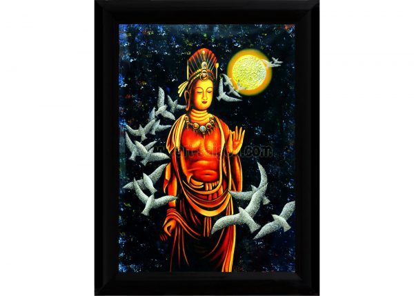 Bouddha - Tableau Vietnamien en Bois Laqué Peint (Réf. 7D-8473)