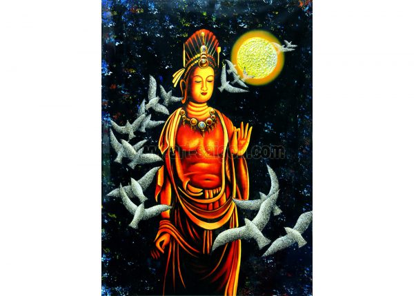 Bouddha - Tableau Vietnamien en Bois Laqué Peint (Réf. 7D-8473)