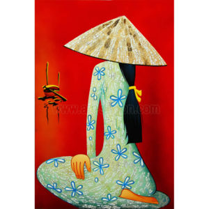 Femme Vietnamienne "Co Gai Do", Tableau en bois laqué peint et coquille d'oeuf, fabrication artisanale et peint à la main au Vietnam. Article vendu par la Boutique Art-Saigon.com