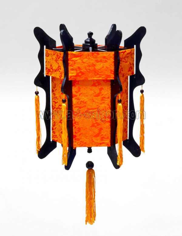 Lampion en Bois et Soie Orange H40cm - Lanterne Tissu Asiatique (réf. LSB-38O) – Image 3