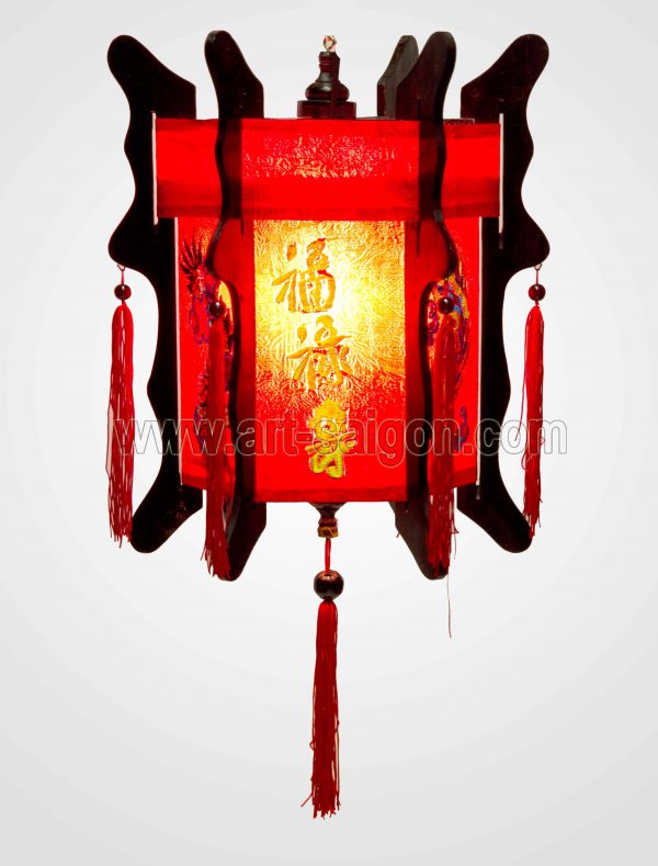 Lampion en Bois et Soie Rouge Brodé H40cm - Lanterne Tissu Asiatique (réf. LSB-45RD) – Image 2