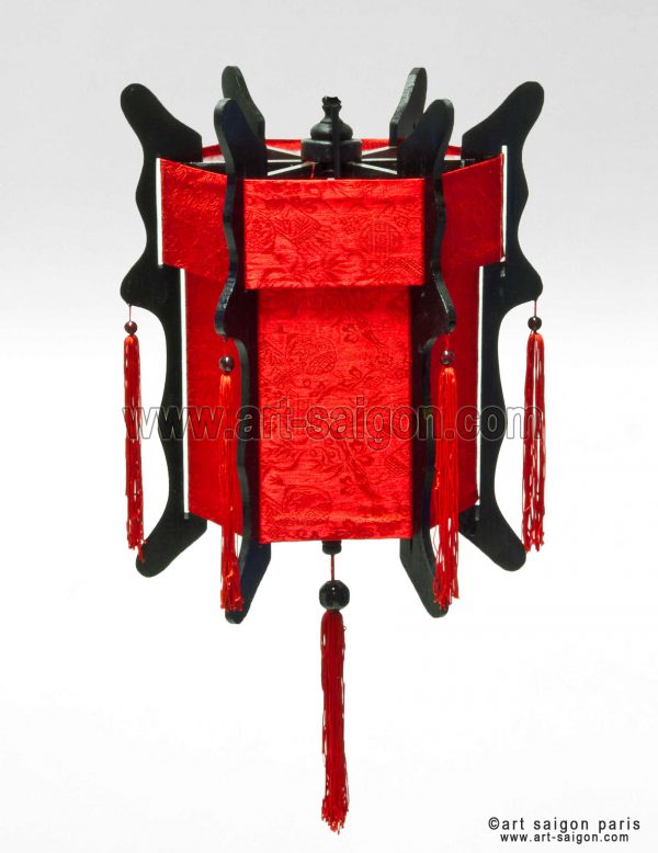 Lampion en Bois et Soie Rouge H50cm - Lanterne Tissu Asiatique (réf. LSB-48R) – Image 3