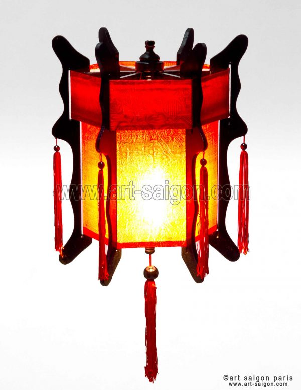 Lampion en Bois et Soie Rouge H50cm - Lanterne Tissu Asiatique (réf. LSB-48R) – Image 2
