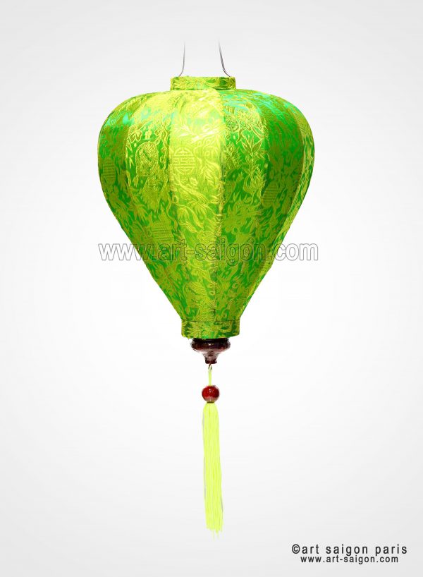 Lampion Traditionnel en Soie Vert de la ville de Hoi An au Vietnam, Lanterne Asiatique en Tissu, Bambou et Bois |Décoration et Artisanat Asiatique - Article vendu par la Boutique Art-saigon.com