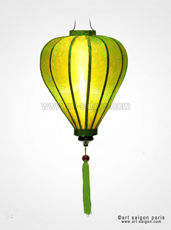 Lampion Traditionnel en Soie Vert de la ville de Hoi An au Vietnam, Lanterne Asiatique en Tissu, Bambou et Bois |Décoration et Artisanat Asiatique - Article vendu par la Boutique Art-saigon.com