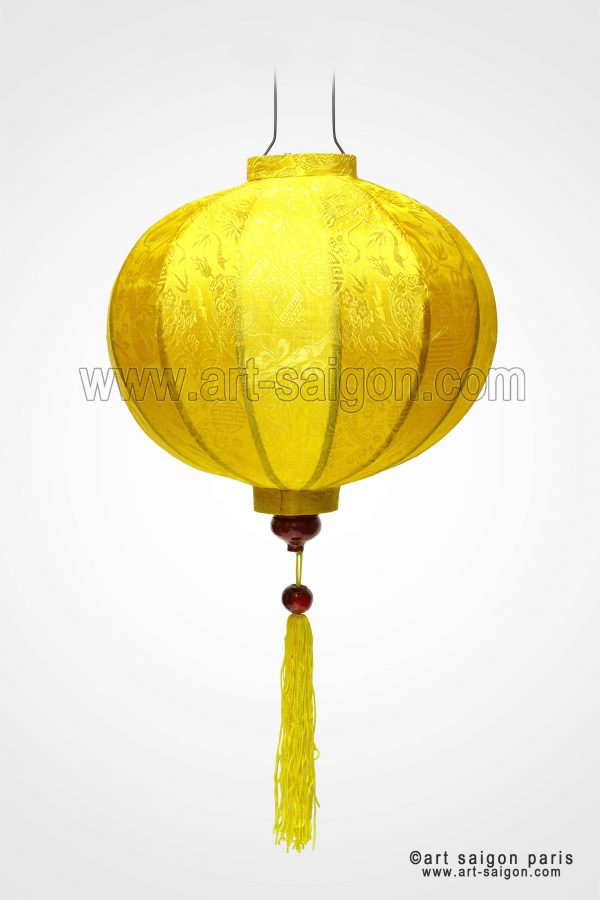 Lampion en Soie Jaune de la ville de Hoi An au Vietnam, Lanterne Asiatique en Tissu, Bambou et Bois. Article vendu par la Boutique Art-saigon.com