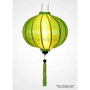 Lampion en Soie Vert de la ville de Hoi An au Vietnam, Lanterne Asiatique en Tissu, Bambou et Bois. Article vendu par la Boutique Art-saigon.com
