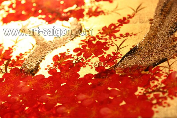 Fleur de Prunier - Fleur rouge et Fond Doré - Tableau bois laqué peint 40x30cm – Image 3