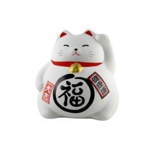 Maneki neko est un chat japonais porte bonheur, chance et fortune. Cette tirelire est en argile de couleur blanc fabriqué au Japon. Article vendu par Art-saigon.com