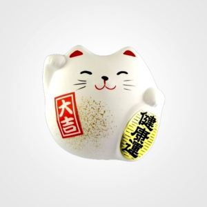 Maneki neko est un chat japonais porte bonheur, chance et fortune. Il est en argile blanc fabriqué au Japon. Article vendu par Art-saigon.com