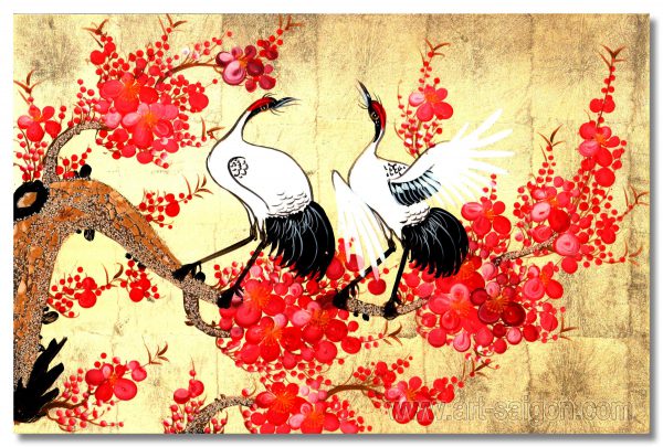 Couple de Grues et Fleurs de Cerisier - Tableau Bois Laqué Doré 30x20cm – Image 2