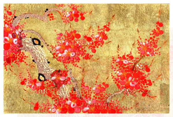 Fleur de Prunier - Fleur rouge et Fond Doré - Tableau bois laqué peint 40x30cm – Image 2