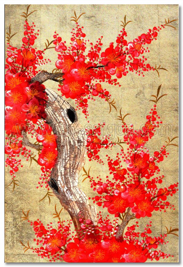 Fleur de Prunier - Fleur rouge et Fond Doré - Tableau bois laqué peint 30x40cm – Image 2