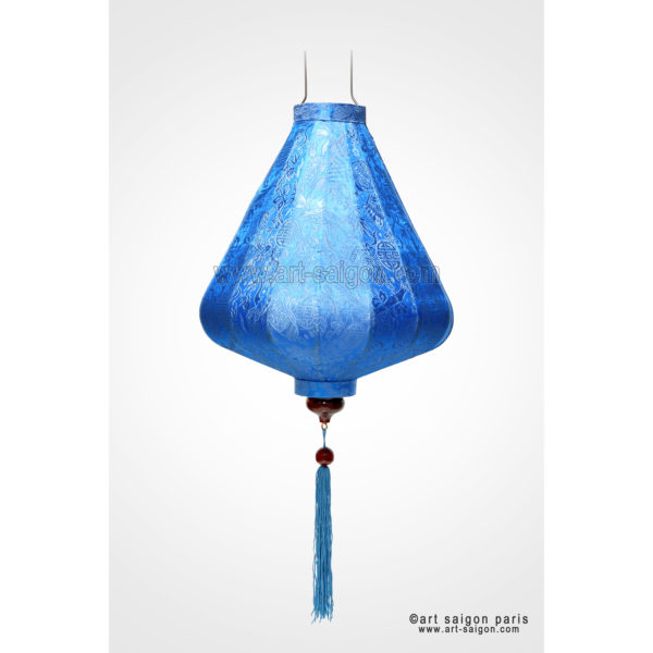 Lampion Traditionnel en Soie Bleu de la ville de Hoi An au Vietnam, Lanterne Asiatique en Tissu, Bambou et Bois |Décoration et Artisanat d'Asie - Article vendu par la Boutique Art-saigon.com
