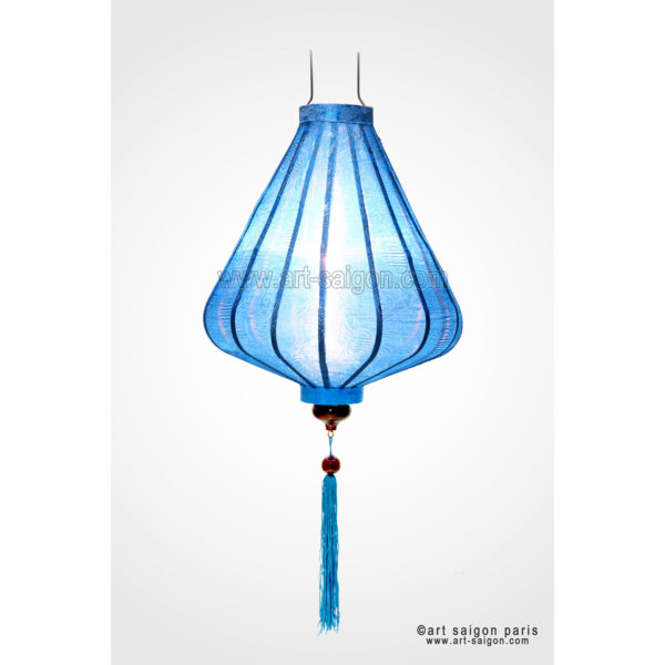 Lampion Traditionnel en Soie Bleu de la ville de Hoi An au Vietnam, Lanterne Asiatique en Tissu, Bambou et Bois |Décoration et Artisanat d'Asie - Article vendu par la Boutique Art-saigon.com