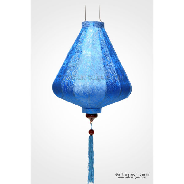 Lampion Traditionnel en Soie Bleu de la ville de Hoi An au Vietnam, Lanterne Asiatique en Tissu, Bambou et Bois |Décoration et Artisanat d'Asie - Article vendu par la Boutique Art-saigon.com