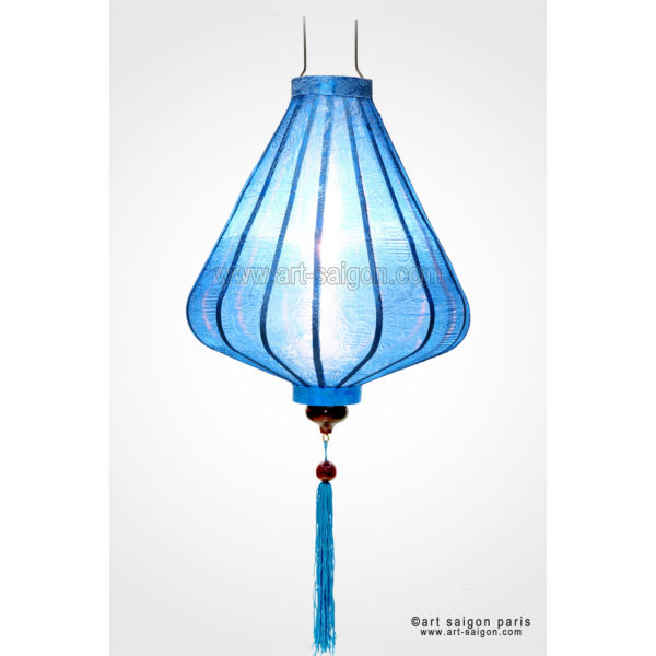 Lampion Traditionnel en Soie Bleu de la ville de Hoi An au Vietnam, Lanterne Asiatique en Tissu, Bambou et Bois |Décoration et Artisanat d'Asie - Article vendu par la Boutique Art-saigon.com