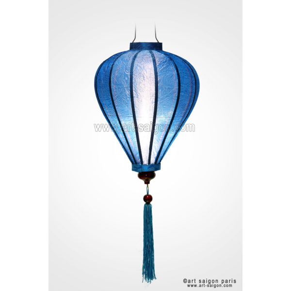 Lampion Traditionnel en Soie Bleu de la ville de Hoi An au Vietnam, Lanterne Asiatique en Tissu, Bambou et Bois |Décoration et Artisanat Asiatique - Article vendu par la Boutique Art-saigon.com