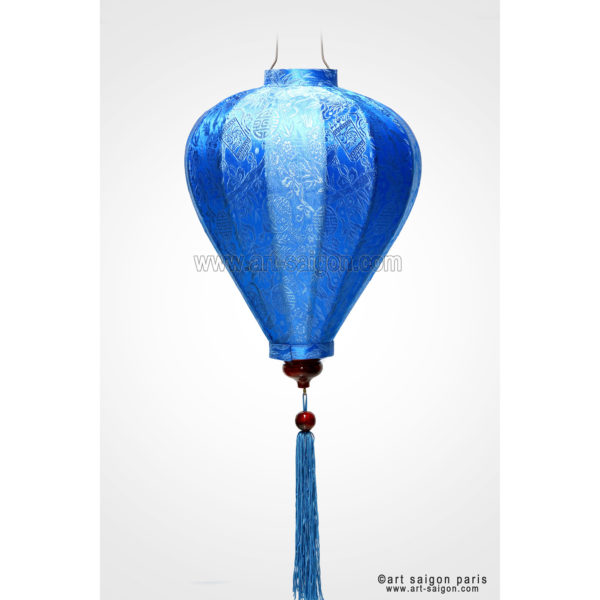 Lampion Traditionnel en Soie Bleu de la ville de Hoi An au Vietnam, Lanterne Asiatique en Tissu, Bambou et Bois |Décoration et Artisanat Asiatique - Article vendu par la Boutique Art-saigon.com