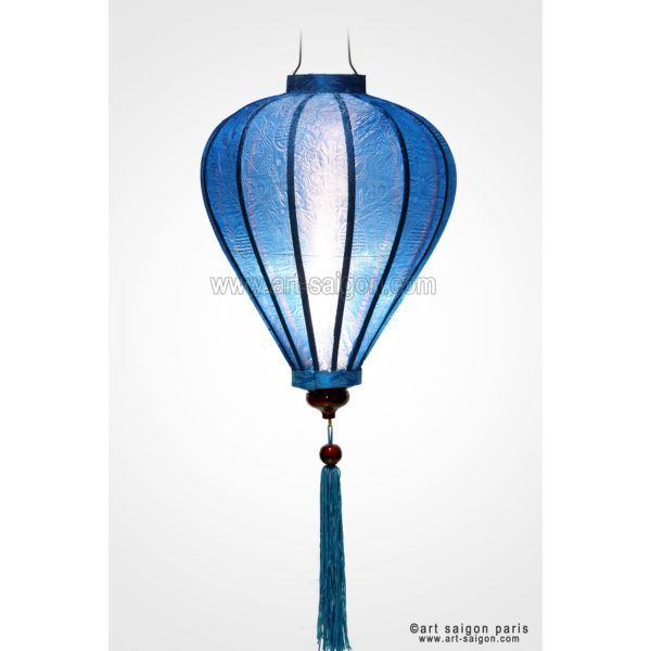 Lampion Traditionnel en Soie Bleu de la ville de Hoi An au Vietnam, Lanterne Asiatique en Tissu, Bambou et Bois |Décoration et Artisanat Asiatique - Article vendu par la Boutique Art-saigon.com