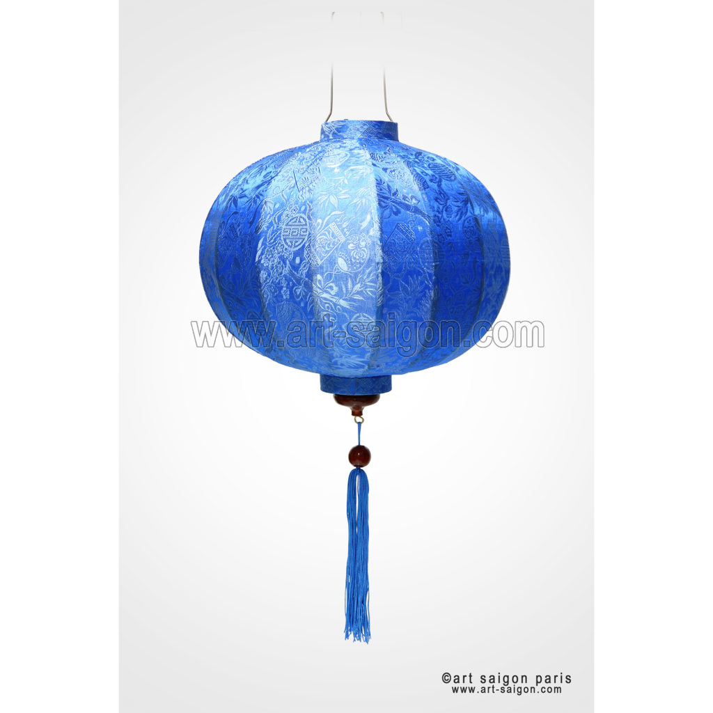 Lampion Traditionnel en Soie Bleu de la ville de Hoi An au Vietnam, Lanterne Asiatique en Tissu, Bambou et Bois |Décoration et Artisanat Asiatique - Article vendu par la Boutique Art-saigon.com