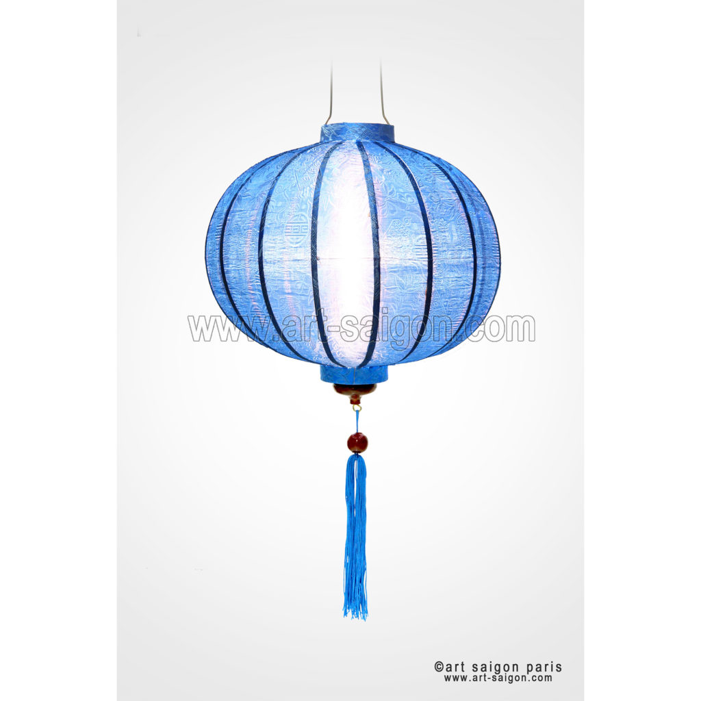 Lampion Traditionnel en Soie Bleu de la ville de Hoi An au Vietnam, Lanterne Asiatique en Tissu, Bambou et Bois |Décoration et Artisanat Asiatique - Article vendu par la Boutique Art-saigon.com