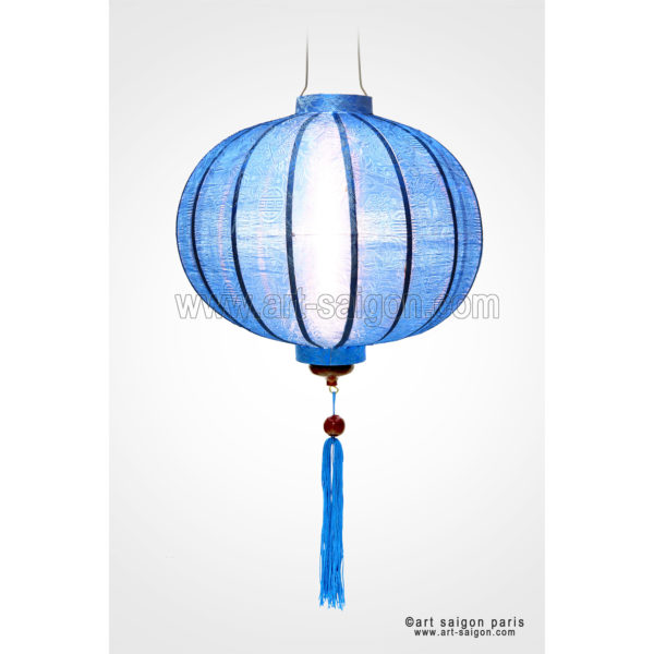 Lampion Traditionnel en Soie Bleu de la ville de Hoi An au Vietnam, Lanterne Asiatique en Tissu, Bambou et Bois |Décoration et Artisanat Asiatique - Article vendu par la Boutique Art-saigon.com