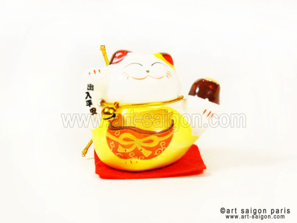 maneki neko chat porte bonheur japonais japon porcelaine blanc decoration asiatique art-saigon jaune doré