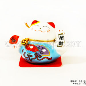 maneki neko chat porte bonheur japonais japon porcelaine blanc decoration asiatique art-saigon bleu