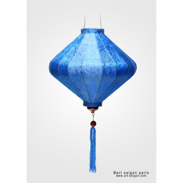 Lampion Traditionnel en Soie Bleu de la ville de Hoi An au Vietnam, Lanterne Asiatique en Tissu, Bambou et Bois |Décoration et Artisanat Asiatique - Article vendu par la Boutique Art-saigon.com