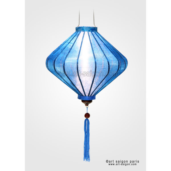Lampion Traditionnel en Soie Bleu de la ville de Hoi An au Vietnam, Lanterne Asiatique en Tissu, Bambou et Bois |Décoration et Artisanat Asiatique - Article vendu par la Boutique Art-saigon.com