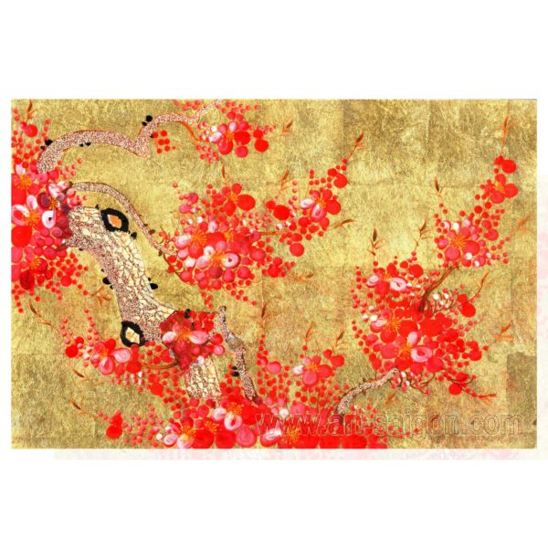 Fleur prunier rouge tableau en bois laque fond doré artisanat du vietnam par art-saigon.com