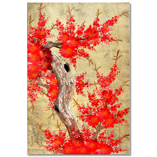 tableau en bFleur prunier rouge tableau en bois laque fond doré artisanat du vietnam par art-saigon.comois laque artisanat vietnam art-saigon fleur prunier rouge