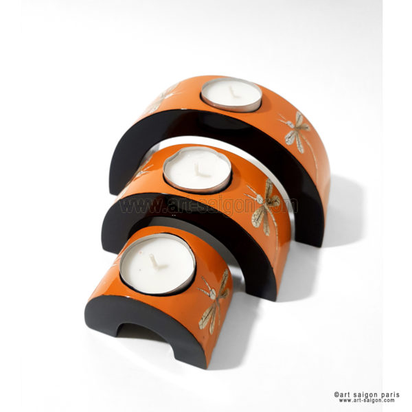 Ensemble de 3 Bougeoirs Laqué Libellule Orange en demi-cercle art saigon vietnam