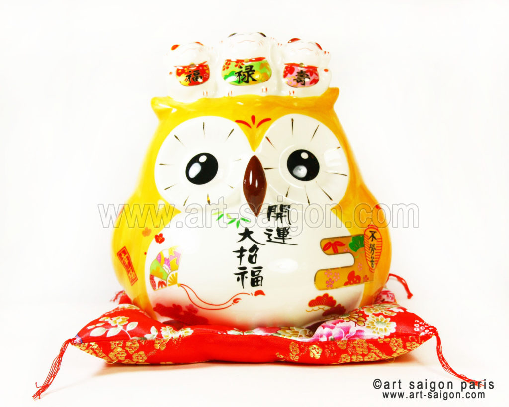 hiboux porte bonheur japonais japon porcelaine blanc decoration asiatique art-saigon