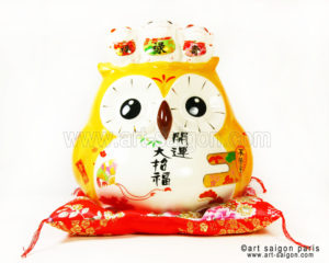 hiboux porte bonheur japonais japon porcelaine blanc decoration asiatique art-saigon