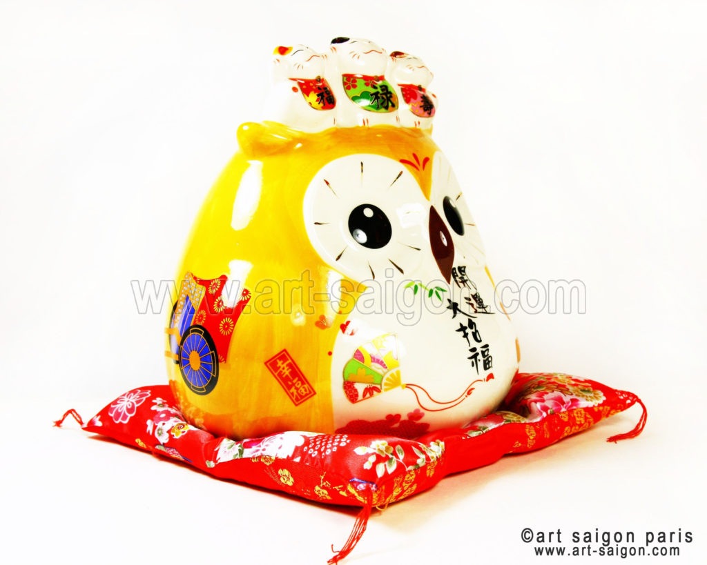 hiboux porte bonheur japonais japon porcelaine blanc decoration asiatique art-saigon