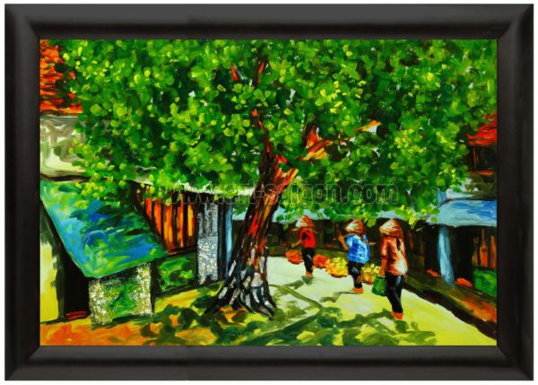 tableau en bois laque artisanat vietnam art-saigon paysage campagne traditionnel