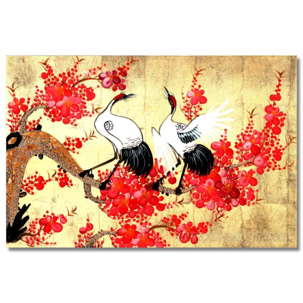 Tableau en Bois Laqué et Coquille d'Œuf, Motif Couple de Grues et Fleurs de Cerisier. Décoration et Artisanat du Vietnam. Article vendu par la Boutique Art-saigon.com