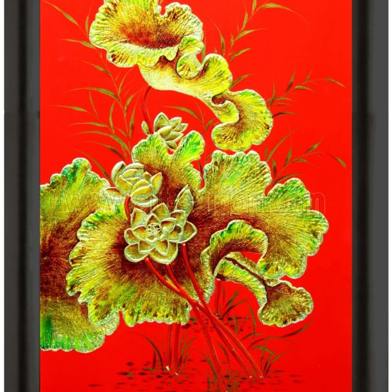 tableau en bois laque artisanat vietnam art-saigon fleur de lotus rouge doré