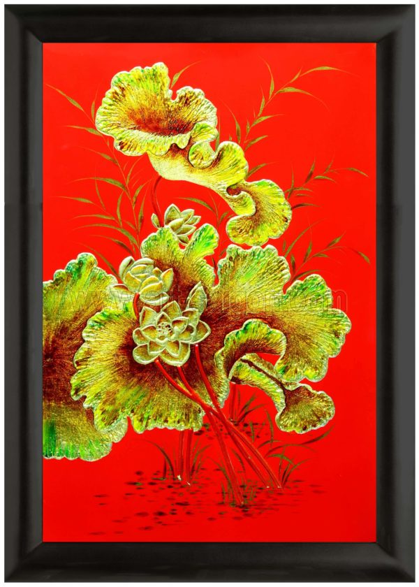 tableau en bois laque artisanat vietnam art-saigon fleur de lotus rouge doré