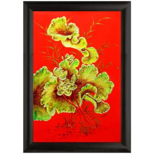 tableau en bois laque artisanat vietnam art-saigon fleur de lotus rouge doré
