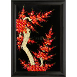tableau en bois laque artisanat vietnam art-saigon fleur prunier rouge