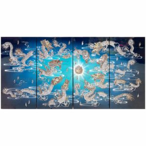 tableau en bois laque artisanat vietnam art-saigon 9 dragon celeste chinois nacre bleu